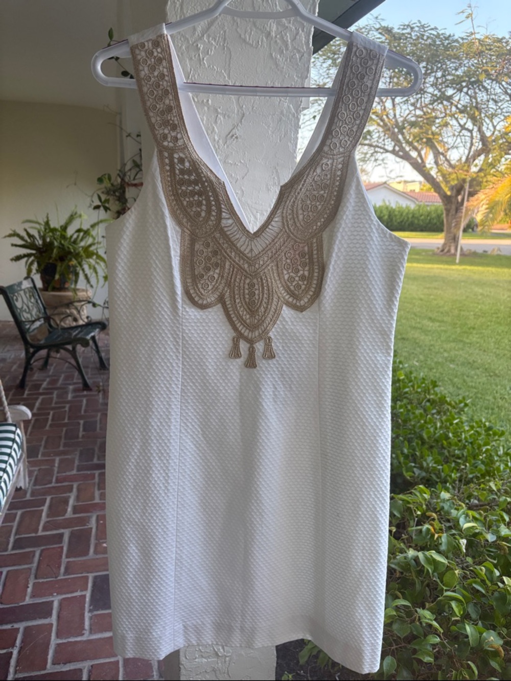 Lilly Pulitzer White Mini Dress Beige/ slight  metallic embroidered Neckline
